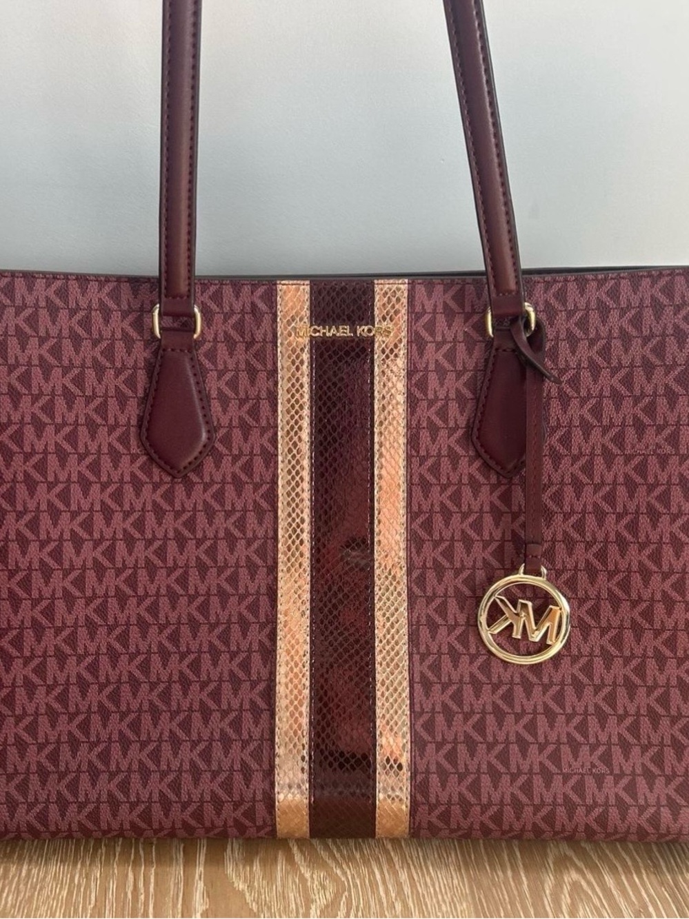 Michael Kors Burgundy Signature Stripe Tote with Rose Gold Accents